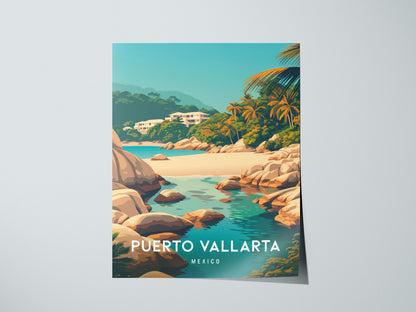 Puerto Vallarta, Mexico Poster | Tropical Coast & Cathedral Wall Art — giclée print detail on matte paper