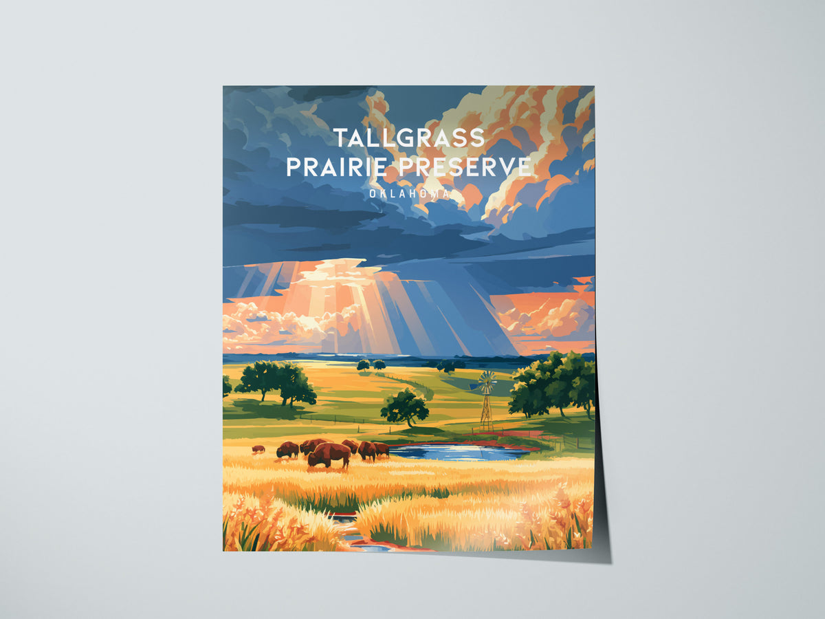 Tallgrass Prairie Preserve, Oklahoma Poster | Golden Plains & Bison Framed or Unframed Wall Art — giclée print detail on matt