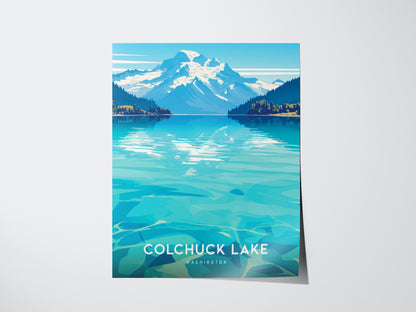A vibrant poster of Colchuck Lake with turquoise waters reflecting surrounding mountains and trees, under a clear blue sky. The text Colchuck Lake, Washington is at the bottom.