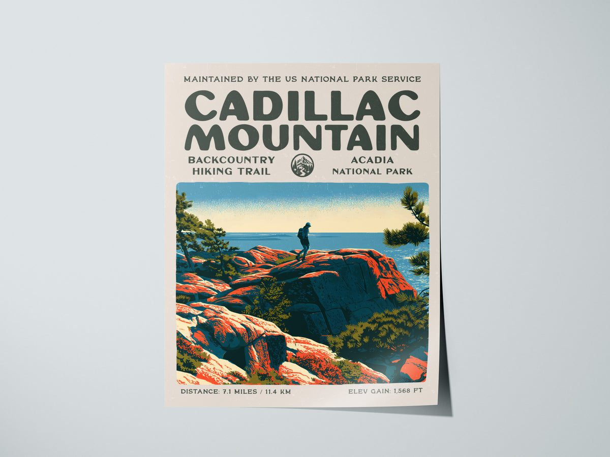 Cadillac Mountain, Acadia National Park Poster | Hiker Gift | Backcountry Trail Block Print Wall Art — giclée print detail on
