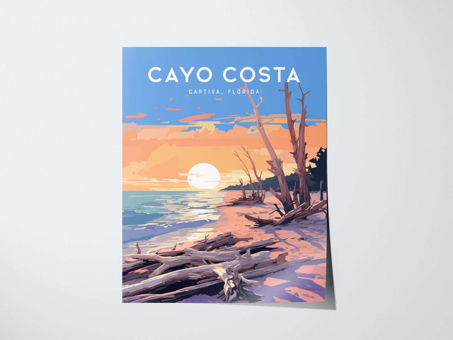 A colorful poster of Cayo Costa, Captiva, Florida, depicting a serene beach scene with driftwood, a vibrant sunset, and calm ocean waves under a clear blue sky.