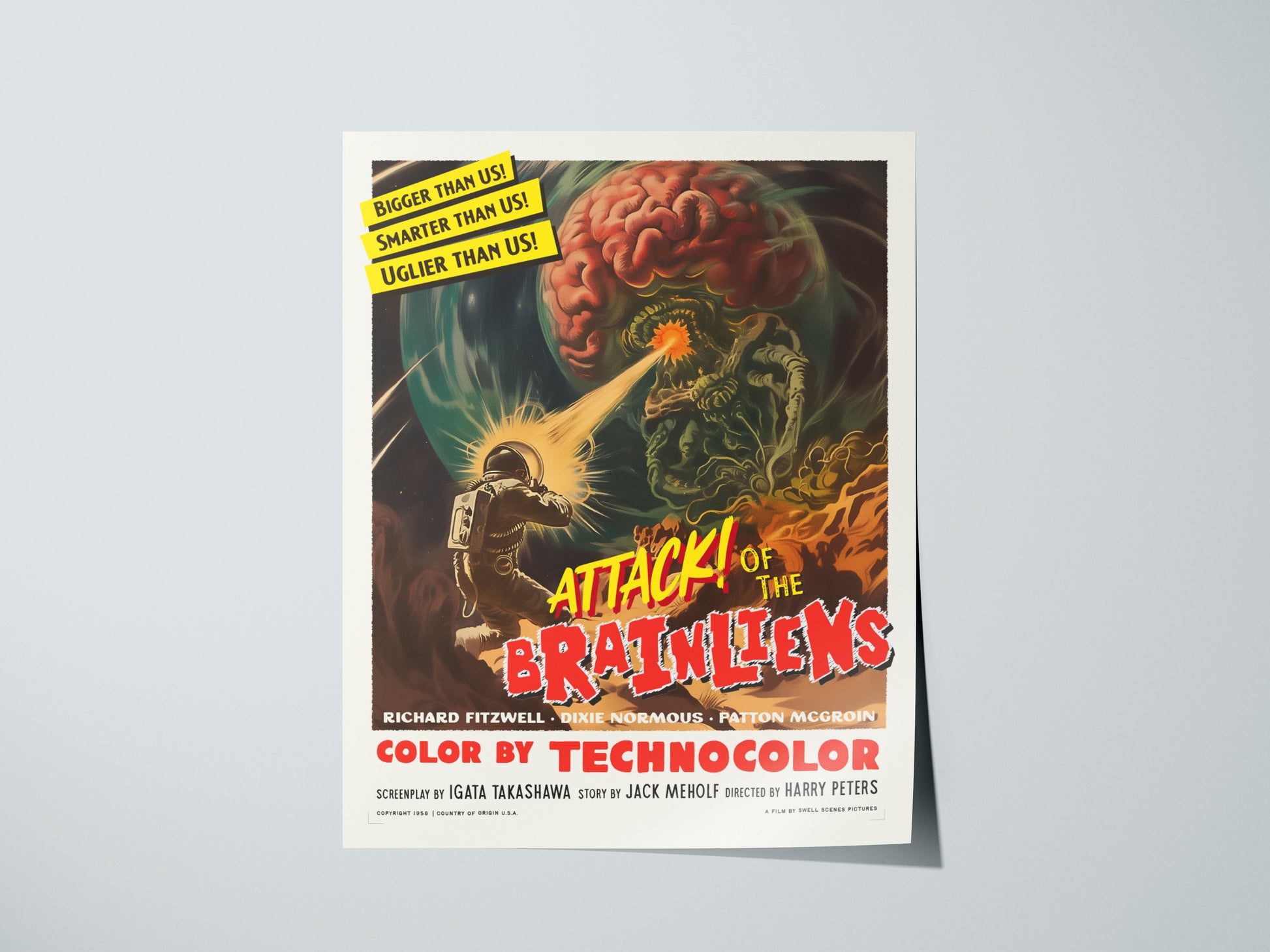 Room decor showcasing framed and unframed wall art posters featuring campy aliens and vibrant sci-fi chaos.