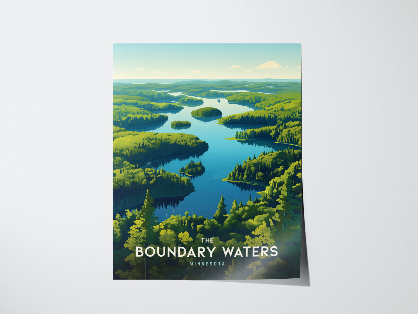 A vibrant poster of the Boundary Waters in Minnesota features lush green forests and interconnected blue lakes under a bright sky. The words The Boundary Waters Minnesota are prominently displayed.