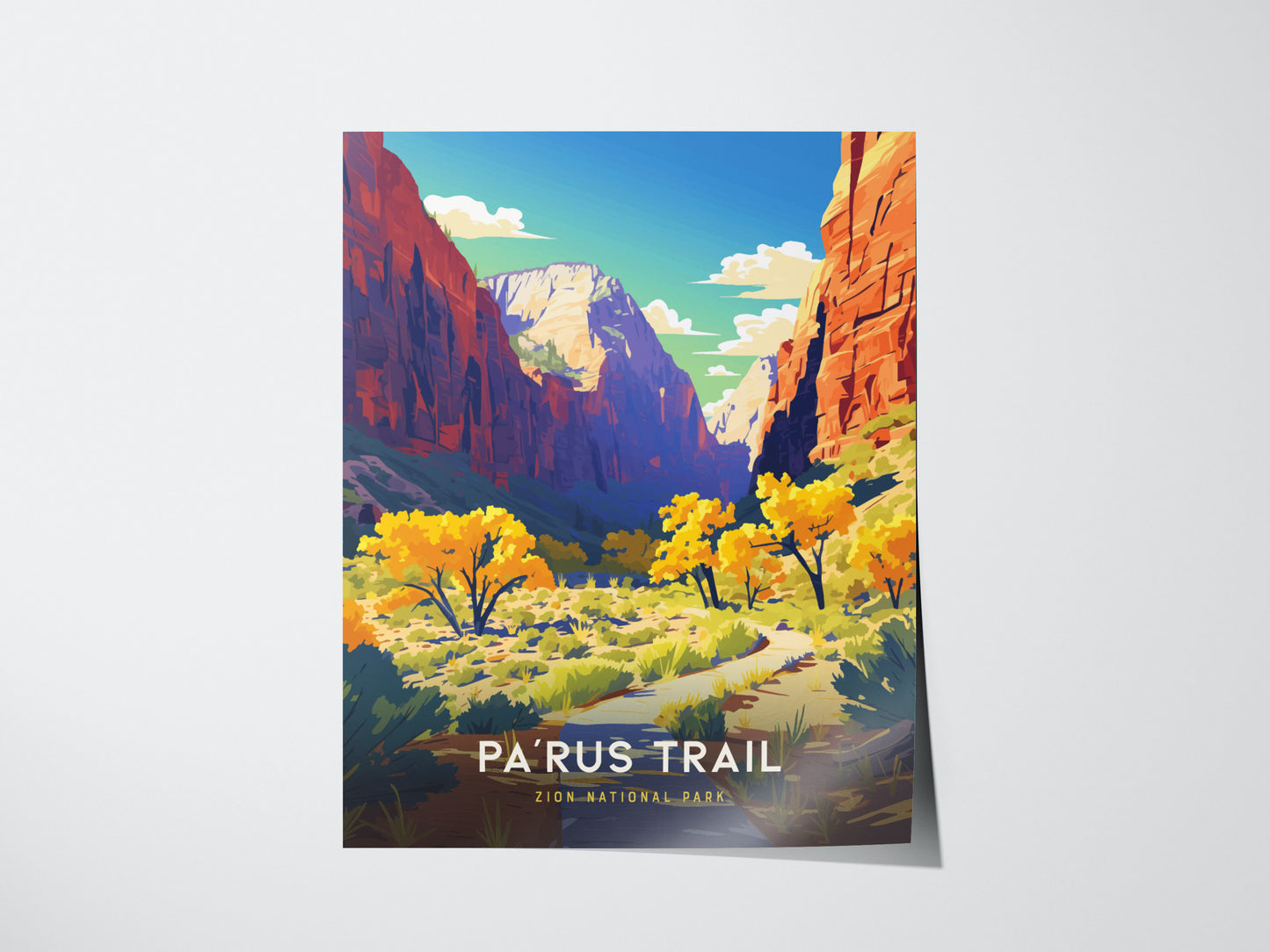Illustrated poster depicting Parus Trail in Zion National Park, featuring vibrant autumn trees and towering canyon walls under a clear blue sky. Text reads Parus Trail Zion National Park.
