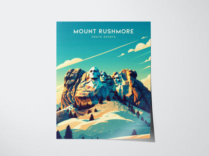 Illustrated Mount Rushmore poster featuring the iconic granite carvings against a vibrant blue sky with scattered clouds, surrounded by pine trees and rolling hills. Text reads Mount Rushmore South Dakota.