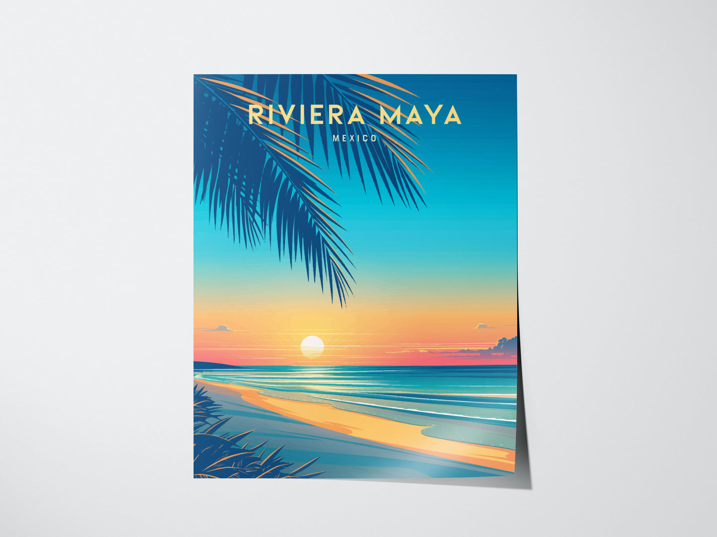 A vibrant travel poster depicts a sunset over a tropical beach with palm leaves, soft waves, and colorful skies, titled Riviera Maya, Mexico.