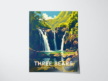 Three Bears Falls Poster | Maui Waterfall Art | Road to Hana Gift