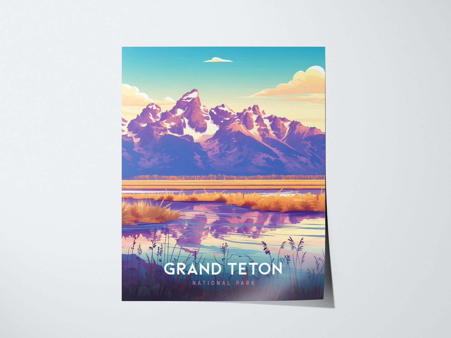 A vibrant art print of Grand Teton National Park, featuring majestic mountains reflected in calm waters with lush foreground vegetation under a colorful sky. Text reads Grand Teton National Park.