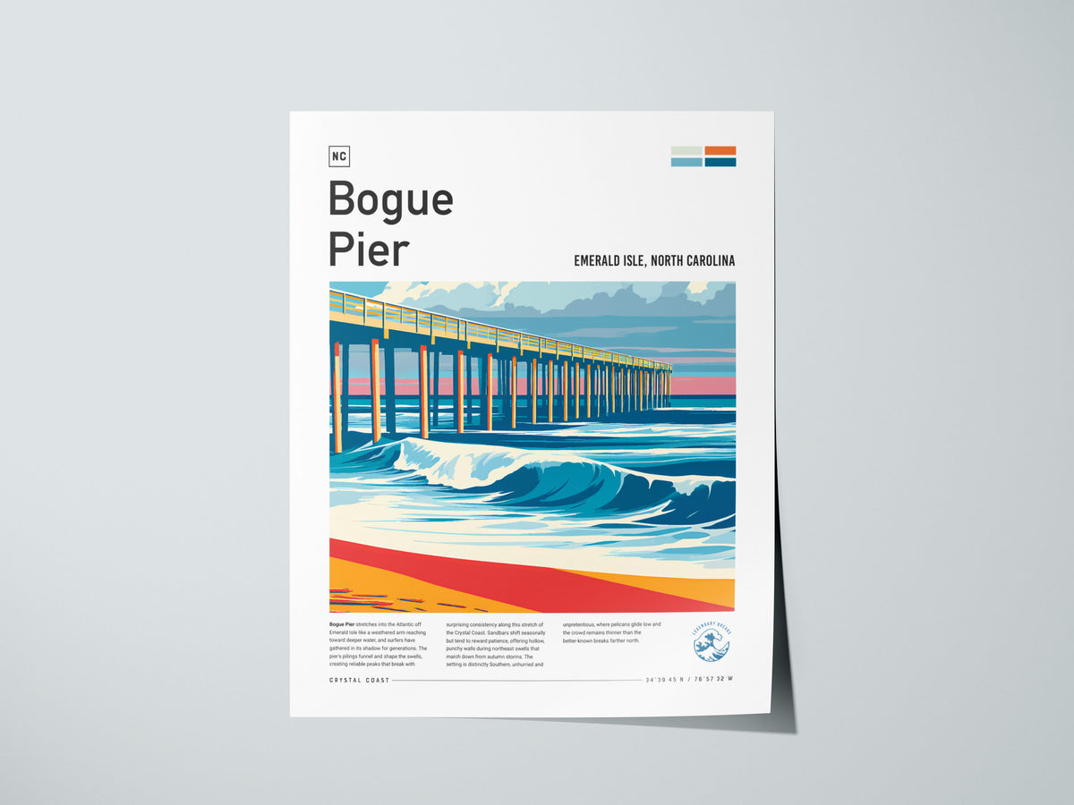 Bogue Pier, Emerald Isle, North Carolina Poster | Surf Wall Art & Beach House Decor — giclée print detail on matte paper