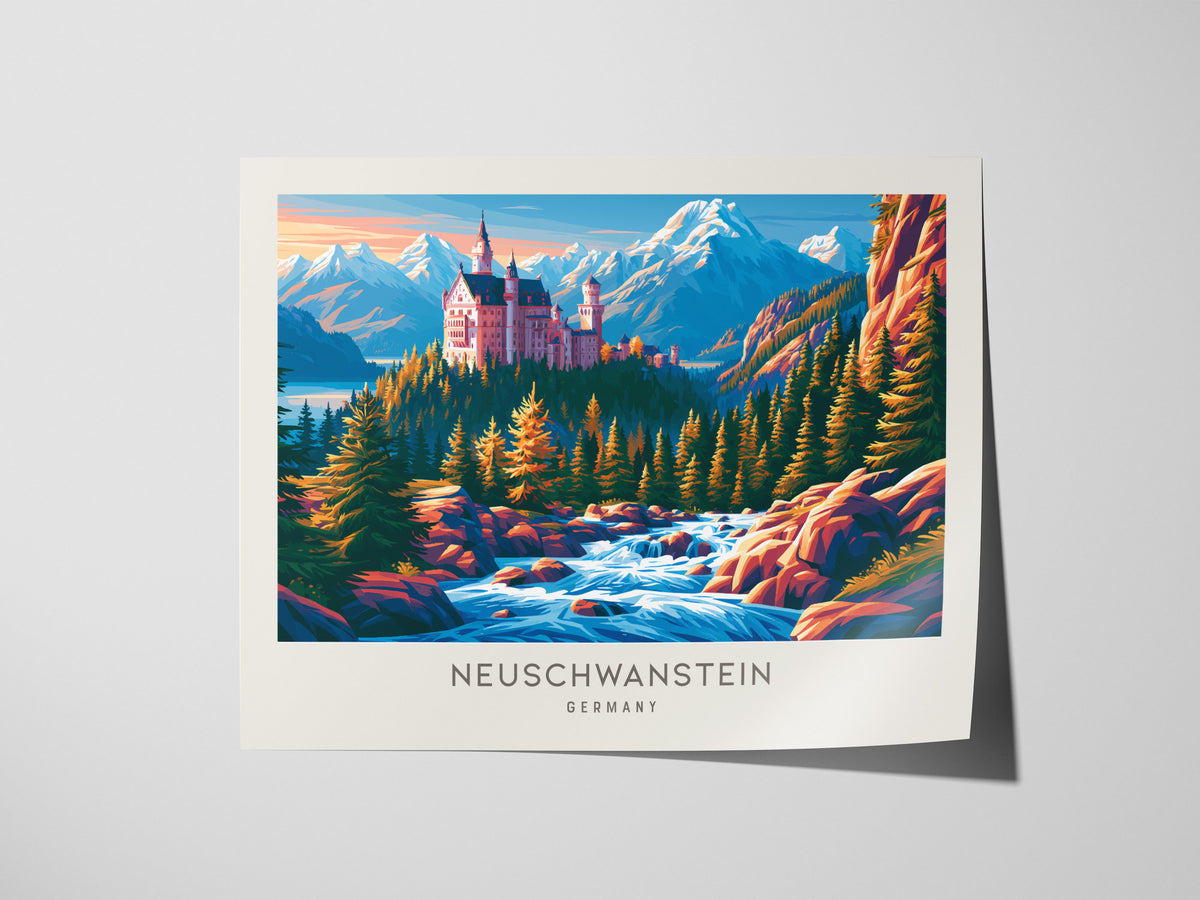 Neuschwanstein Landscape Matte Border Poster | Germany Framed or Unframed Travel Wall Art — giclée print detail on matte pape