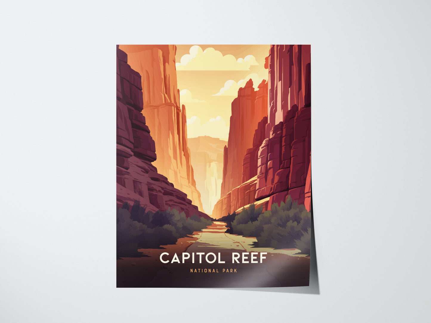 Illustrated poster of Capitol Reef National Park showcasing towering red rock cliffs and a sunlit canyon path, with text Capitol Reef National Park at the bottom.