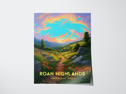 Colorful poster depicting a vibrant sunrise over the Roan Highlands on the Appalachian Trail, with a winding path through lush greenery and rocky terrain. Text reads Roan Highlands Appalachian Trail.