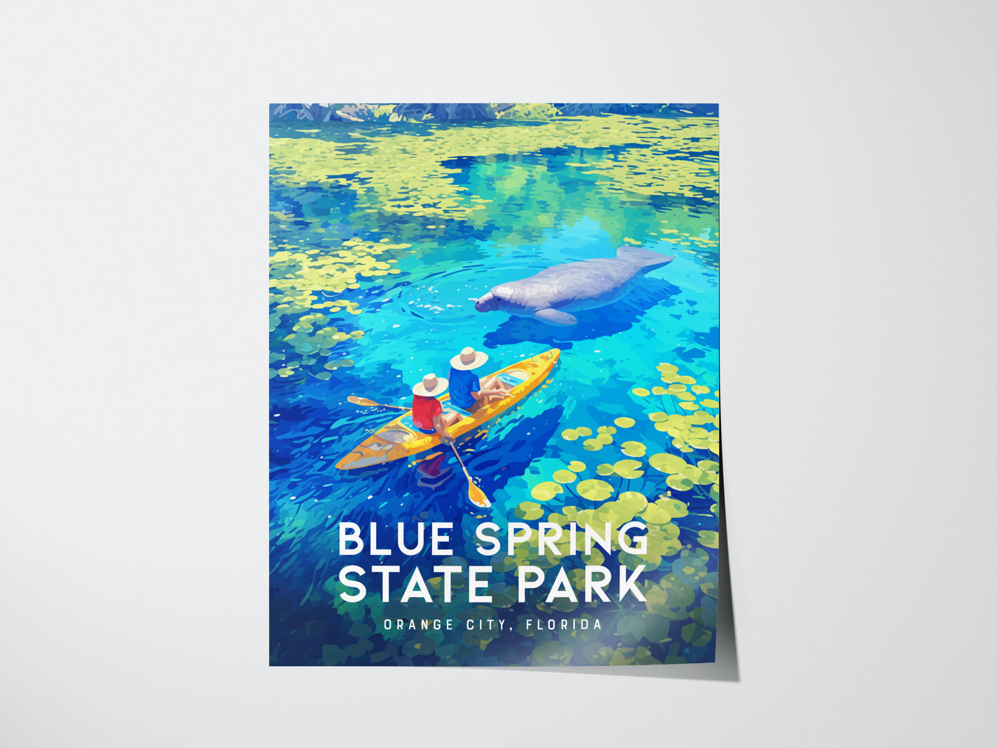 A vibrant poster of Blue Spring State Park shows two kayakers on clear blue water with a manatee, surrounded by yellow lily pads.