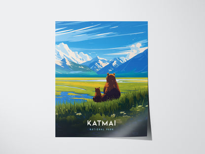 Illustrated poster of a brown bear and cub sitting by a lake, surrounded by grass, with snow-capped mountains under a vibrant blue sky. Text reads Katmai National Park.
