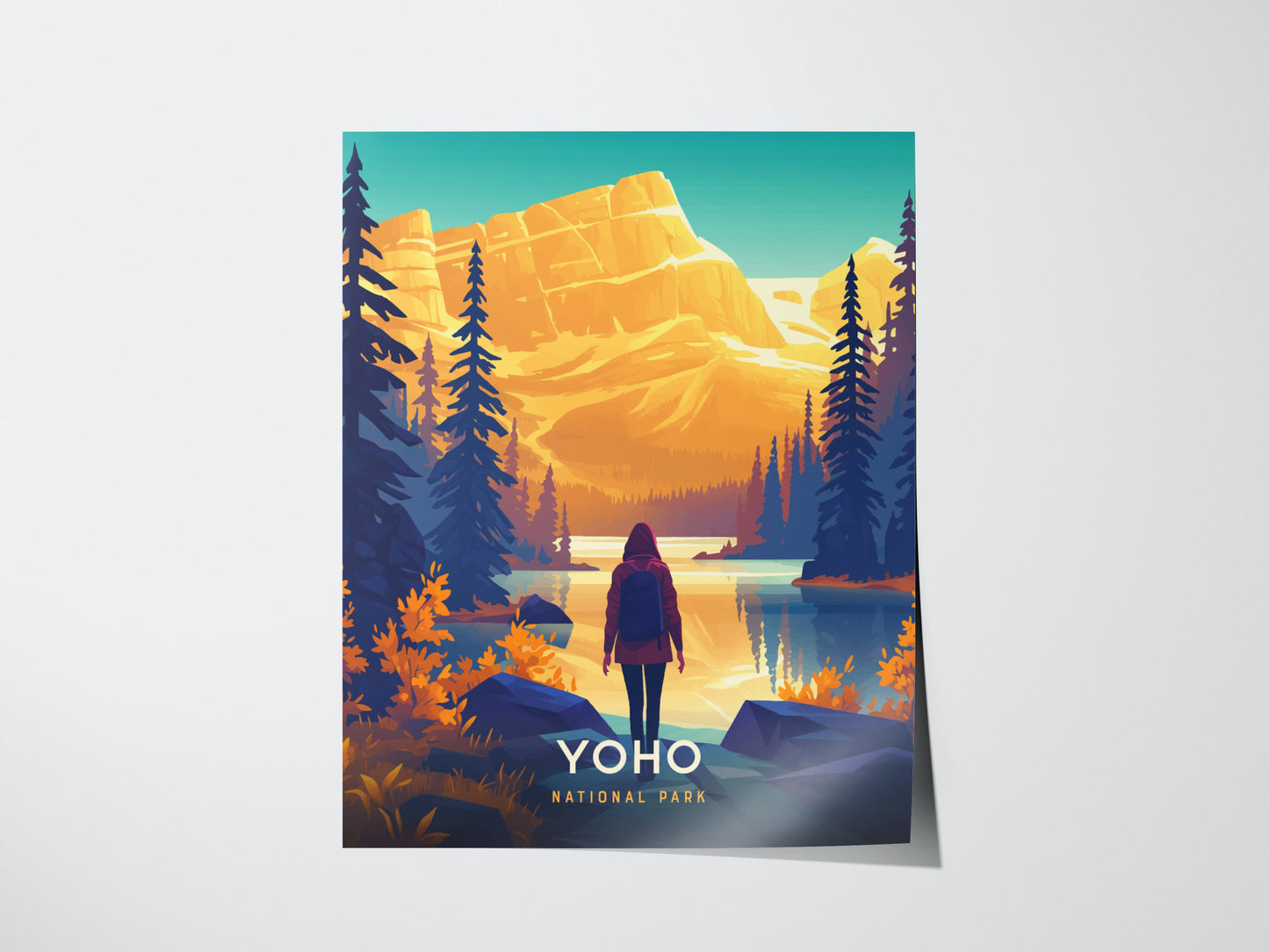A vibrant illustration of Yoho National Park features a person standing by a serene lake, surrounded by tall evergreens and majestic mountains under a bright sky.