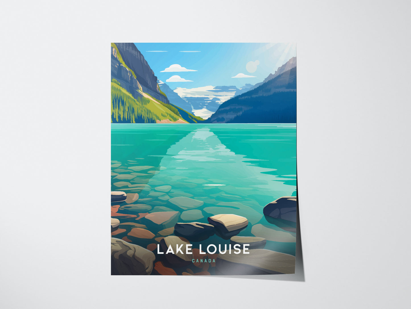 Illustrated poster of Lake Louise featuring turquoise waters, rocky shores, and distant mountains with spruce trees under a clear blue sky. Text reads Lake Louise Canada at the bottom.