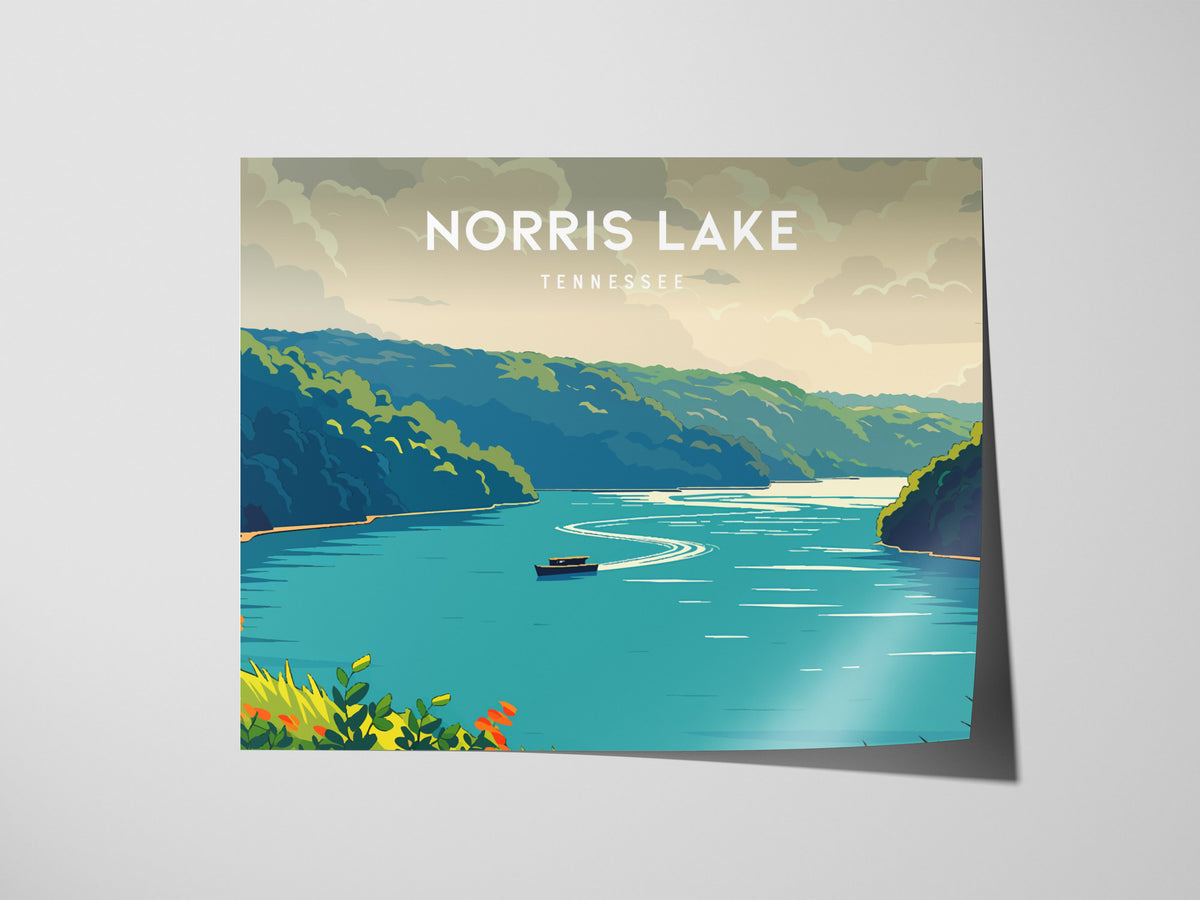 Norris Lake, Tennessee Landscape Poster | Lakeside Getaway Framed or Unframed Wall Art — giclée print detail on matte paper