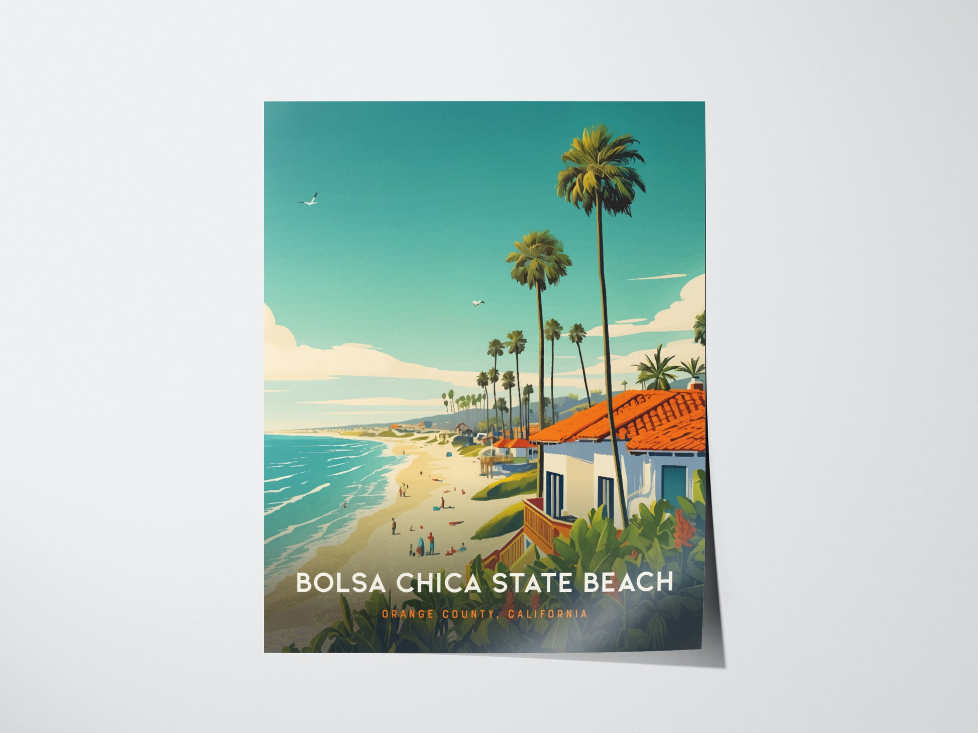 A vibrant illustration of Bolsa Chica State Beach featuring palm trees, red-roofed buildings, and a sandy shoreline with people enjoying the beach. The sky is clear with a few clouds.
