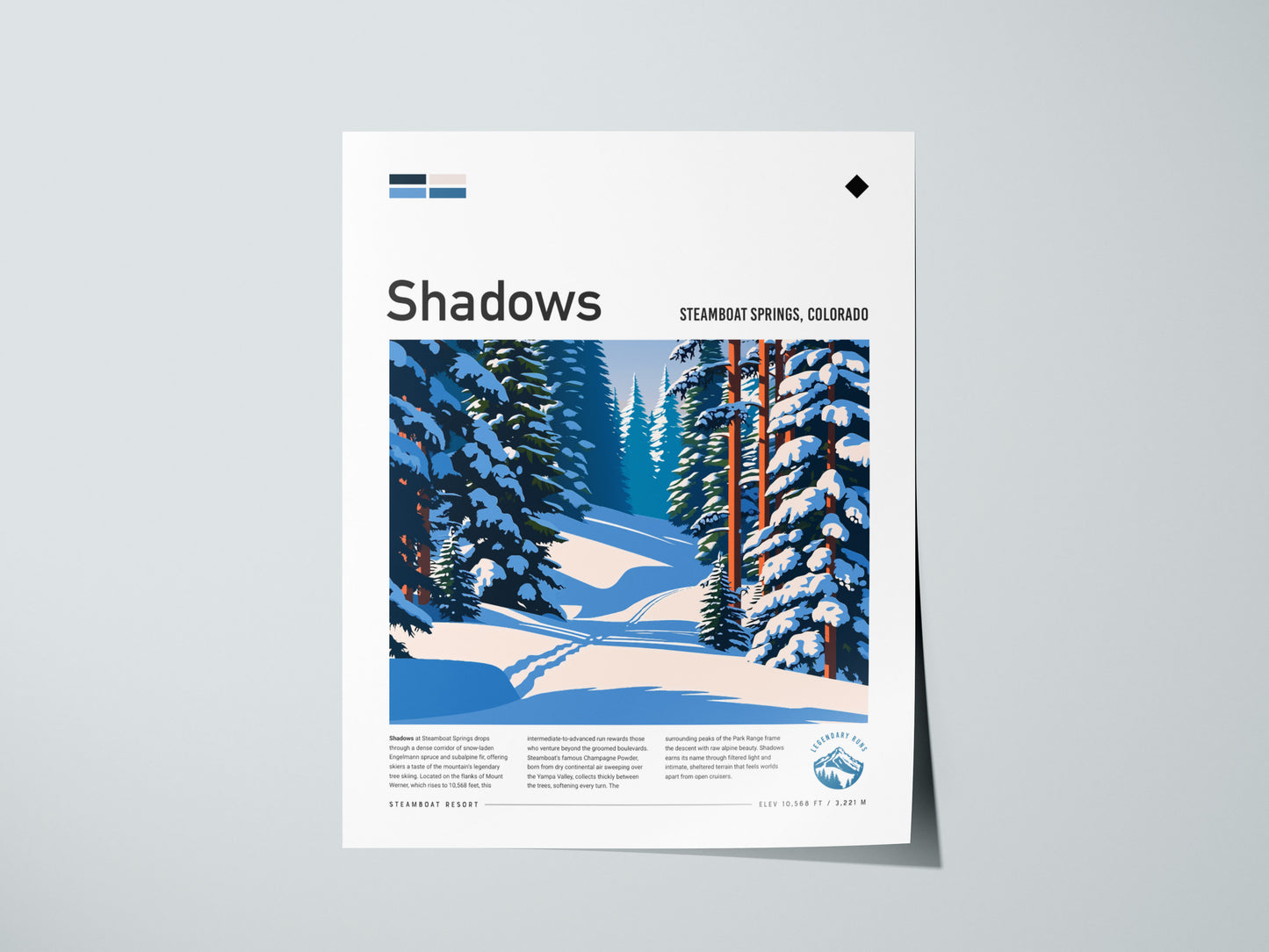 Shadows, Steamboat Poster | Snowy Ski Run Mountain Wall Art — giclée print detail on matte paper