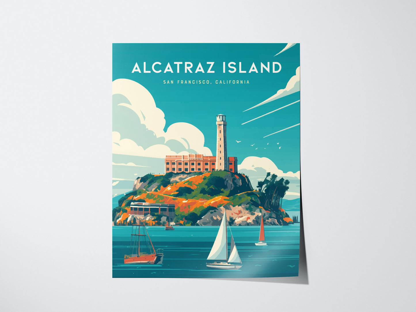 This vibrant poster depicts Alcatraz Island in San Francisco Bay, featuring the iconic prison building and a lighthouse, with sailboats navigating the surrounding waters under a clear sky.