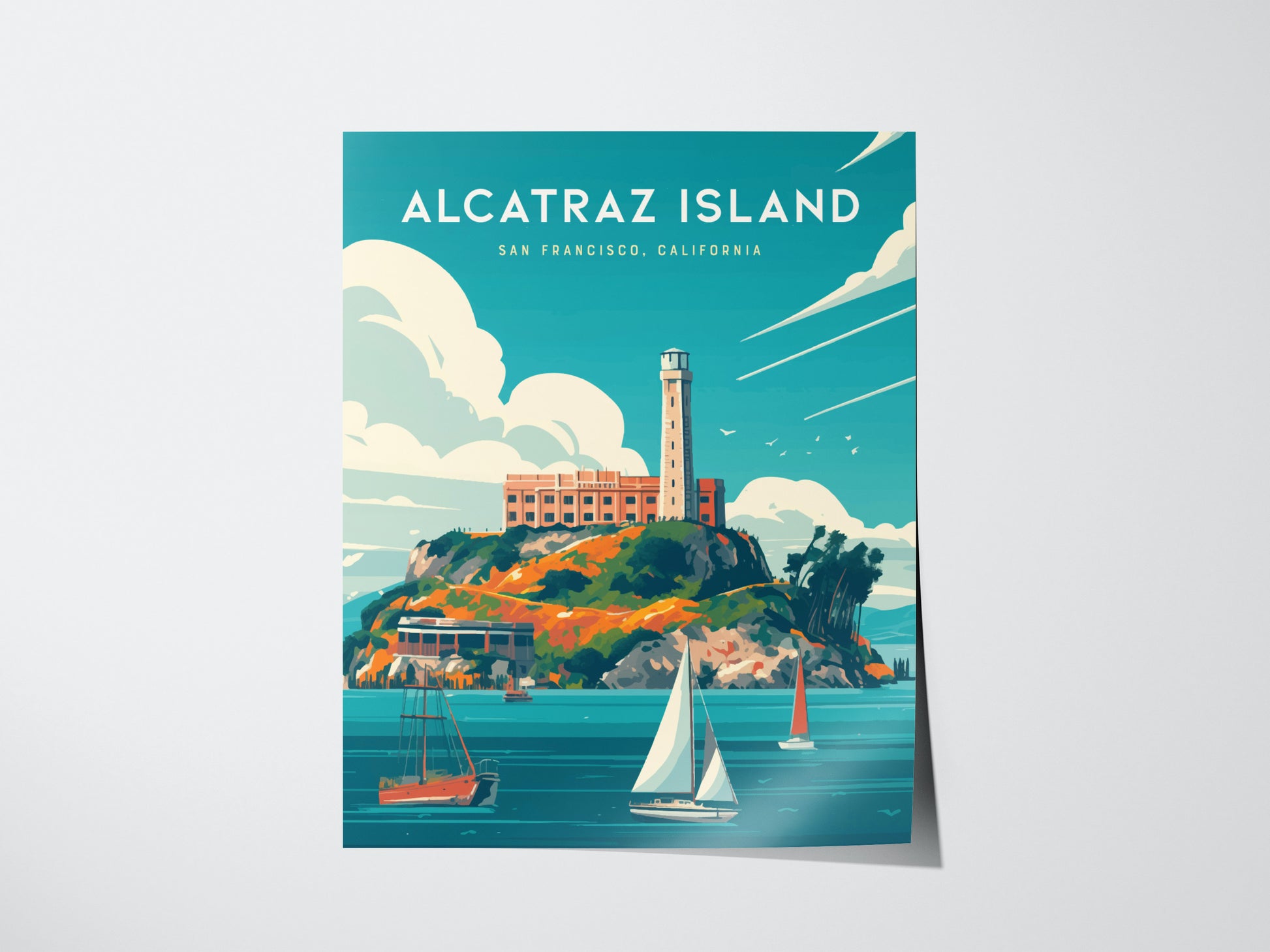 This vibrant poster depicts Alcatraz Island in San Francisco Bay, featuring the iconic prison building and a lighthouse, with sailboats navigating the surrounding waters under a clear sky.