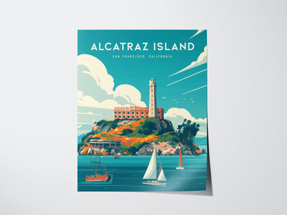This vibrant poster depicts Alcatraz Island in San Francisco Bay, featuring the iconic prison building and a lighthouse, with sailboats navigating the surrounding waters under a clear sky.