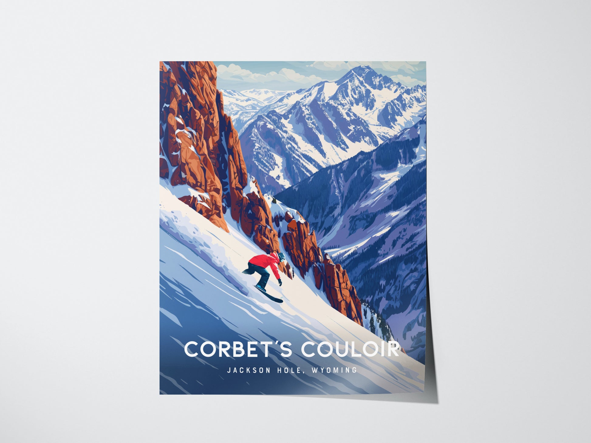 A poster depicting a snowboarder in a red jacket descending a steep, snowy slope with rugged, snow-capped mountains in the background. Text reads Corbets Couloir, Jackson Hole.