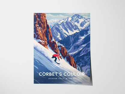 A poster depicting a snowboarder in a red jacket descending a steep, snowy slope with rugged, snow-capped mountains in the background. Text reads Corbets Couloir, Jackson Hole.