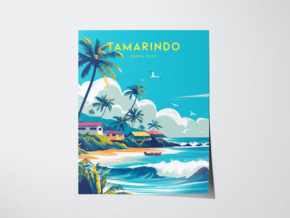 A vibrant poster depicts a tropical beach scene in Tamarindo, Costa Rica with palm trees, colorful houses, gentle waves, and seagulls flying in a bright blue sky.