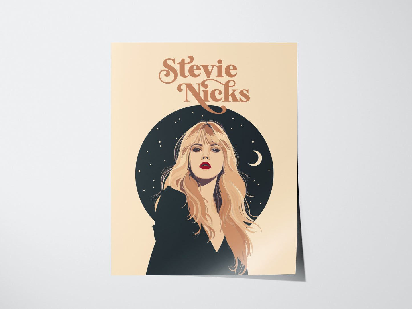 A minimalist poster features a stylized portrait of a woman with long blonde hair against a celestial background with stars and a crescent moon, titled Stevie Nicks.