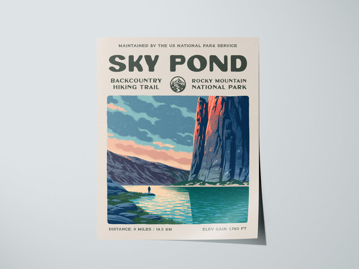 Sky Pond, Rocky Mountain National Park Poster | Hiker Gift | Backcountry Trail Wall Art — giclée print detail on matte paper