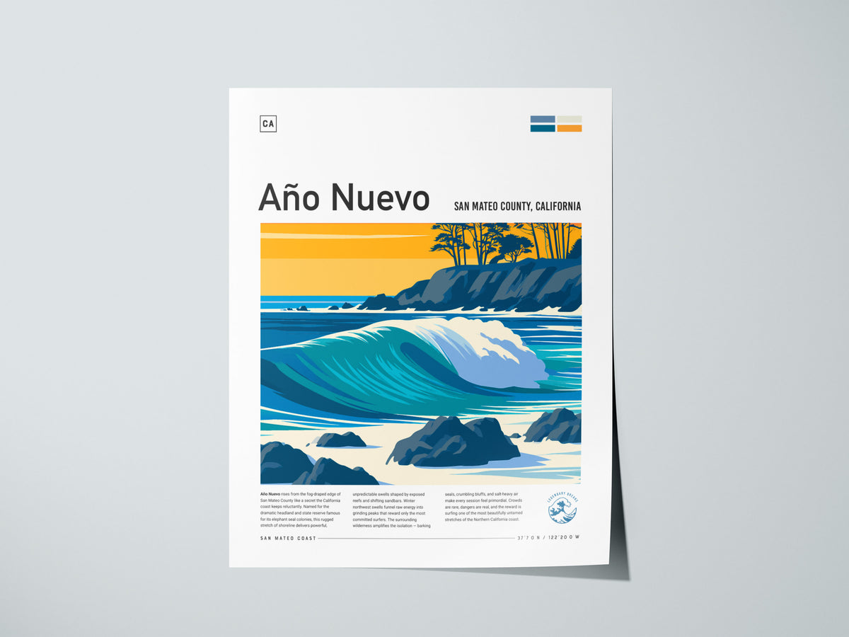 Año Nuevo, San Mateo County, California Poster | Elephant Seals & Rugged Surf Wall Art — giclée print detail on matte paper