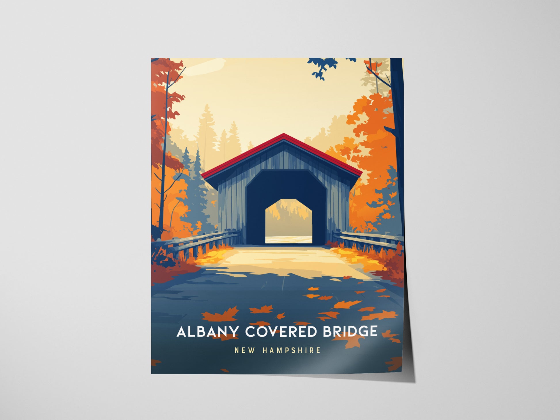 A vibrant poster featuring the Albany Covered Bridge in New Hampshire, set against a backdrop of colorful autumn foliage. The scene showcases rich oranges and yellows, with the bridge framed by trees and a clear sky above.