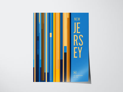A modern New Jersey poster features vertical stripes in shades of blue, orange, and yellow, with bold New Jersey text on a blue background.
