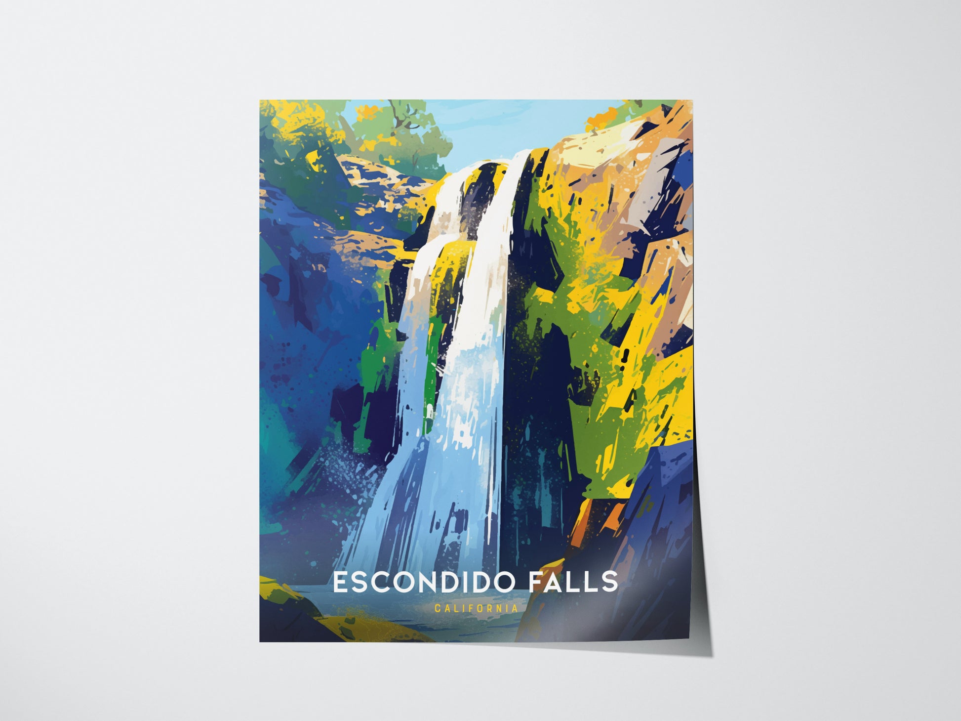 A vibrant illustration of Escondido Falls, featuring cascading water surrounded by colorful abstract foliage. The artwork has Escondido Falls, California text at the bottom.