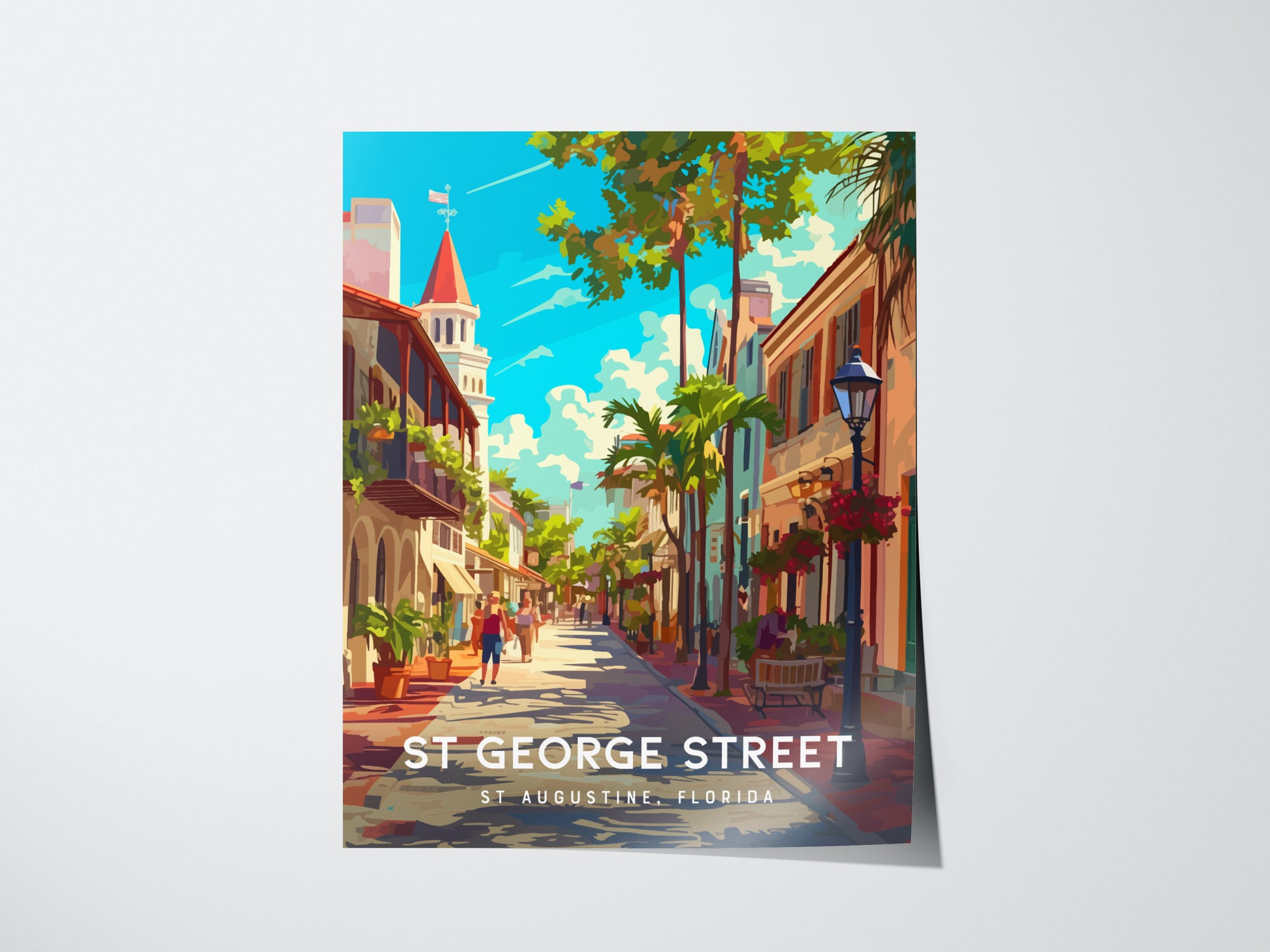 A colorful poster of St. George Street in St. Augustine, Florida, showcasing vibrant buildings, palm trees, and a clear blue sky, capturing the historic charm of the area.