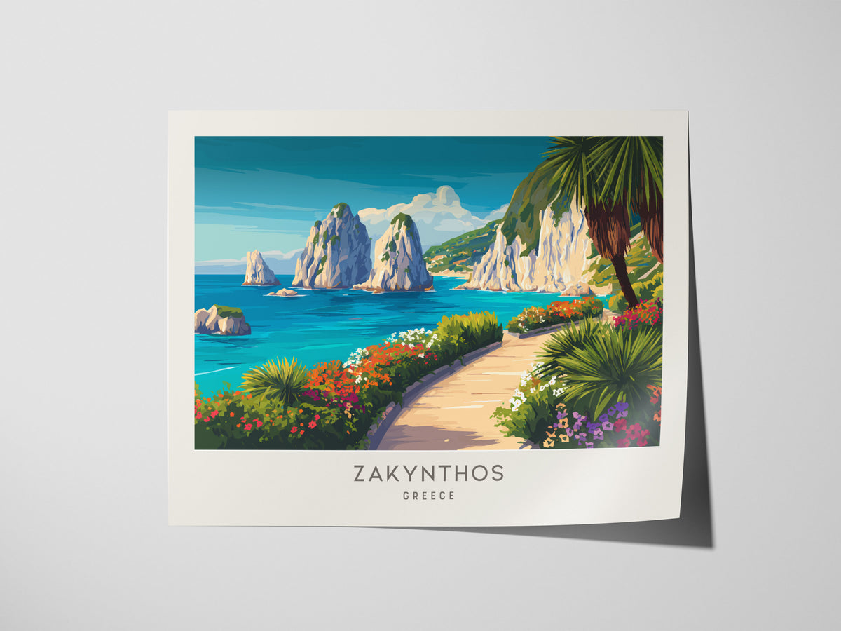 Zakynthos Zakyntos Landscape Matte Border Poster | Greece Coastal Beach Decor Vacation Wall Art — giclée print detail on matt
