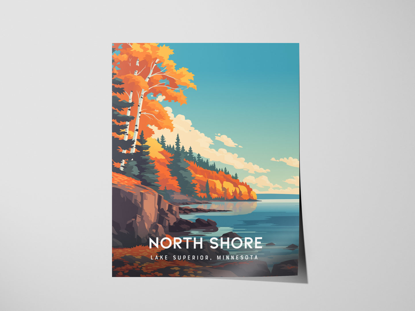 A vibrant poster depicting the North Shore of Lake Superior, Minnesota, showcasing colorful autumn foliage along rocky cliffs with a serene water view. The artwork features bold colors and a clear sky, capturing the regions natural beauty.