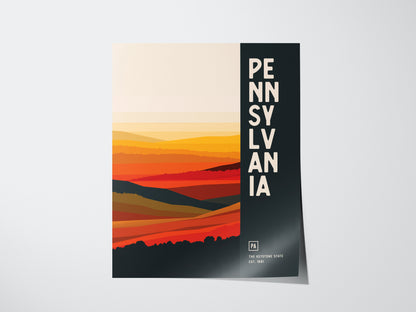 Abstract poster featuring stylized, colorful landscape layers in orange and yellow tones with PENNSYLVANIA written vertically on a dark background. Includes The Keystone State Est. 1681 text.