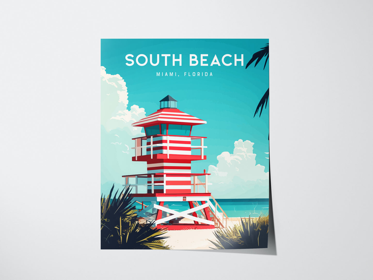 A vibrant poster depicts a red and white striped lifeguard tower on South Beach, Miami, under a bright blue sky. The scene includes palm leaves and fluffy clouds, evoking a tropical, coastal vibe.