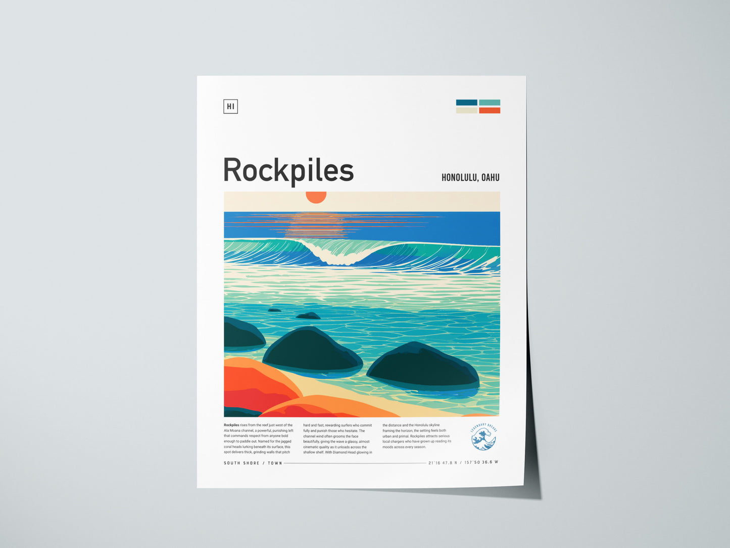 Rockpiles, Hawaii Poster | Golden Hour North Shore Surf Wall Art — giclée print detail on matte paper