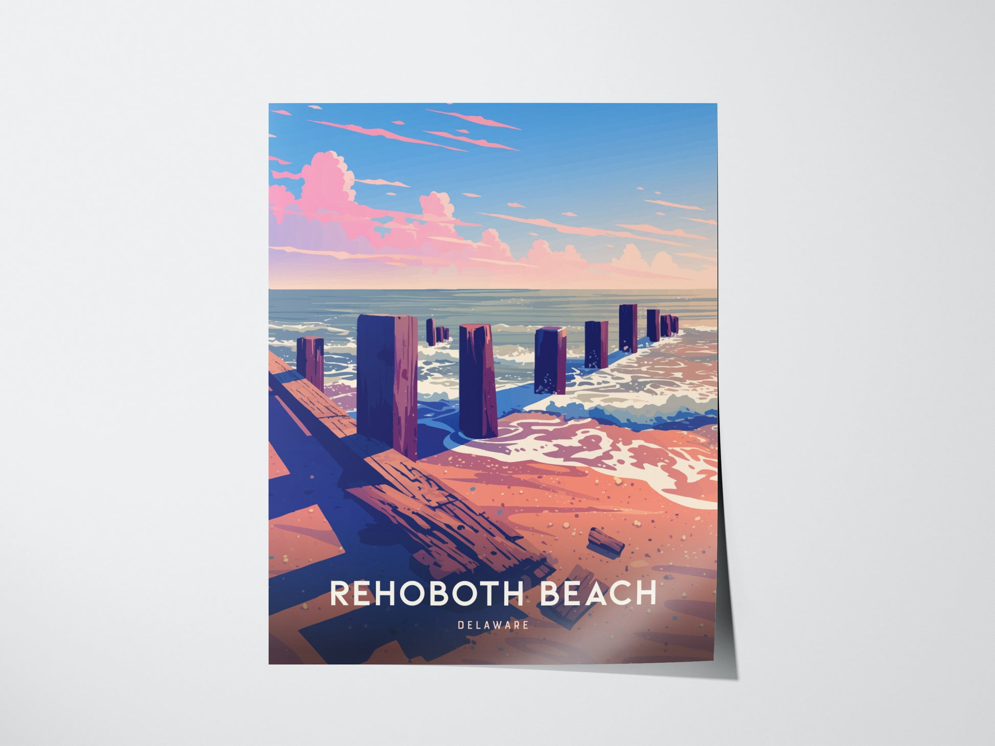 Colorful poster of Rehoboth Beach, featuring wooden pilings, sandy beach, and ocean waves under a vibrant sky. Bold text reads Rehoboth Beach, Delaware at the bottom.