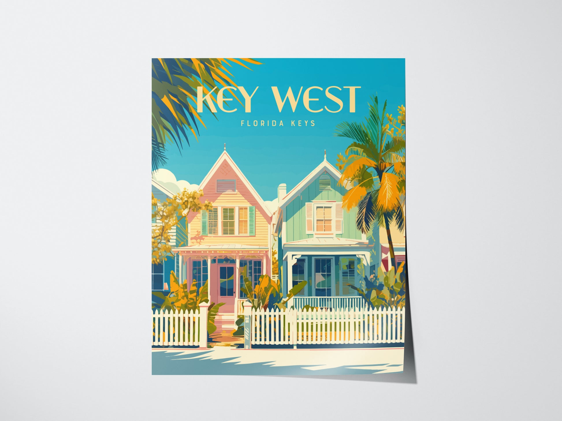 Colorful poster of Key West, featuring two pastel-colored houses with palm trees and a white picket fence under a clear blue sky. Vibrant representation of Florida Keys architecture.