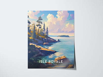 A colorful poster of Isle Royale National Park features a rocky shoreline, pine trees, and a serene view of Lake Superior under a vibrant sky with fluffy clouds.