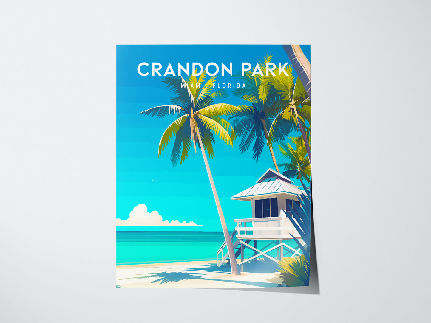 A vibrant poster of Crandon Park Beach features tall coconut palms and a white lifeguard tower against a backdrop of turquoise waters and a bright blue sky. The words Crandon Park Miami Florida are prominently displayed at the top.