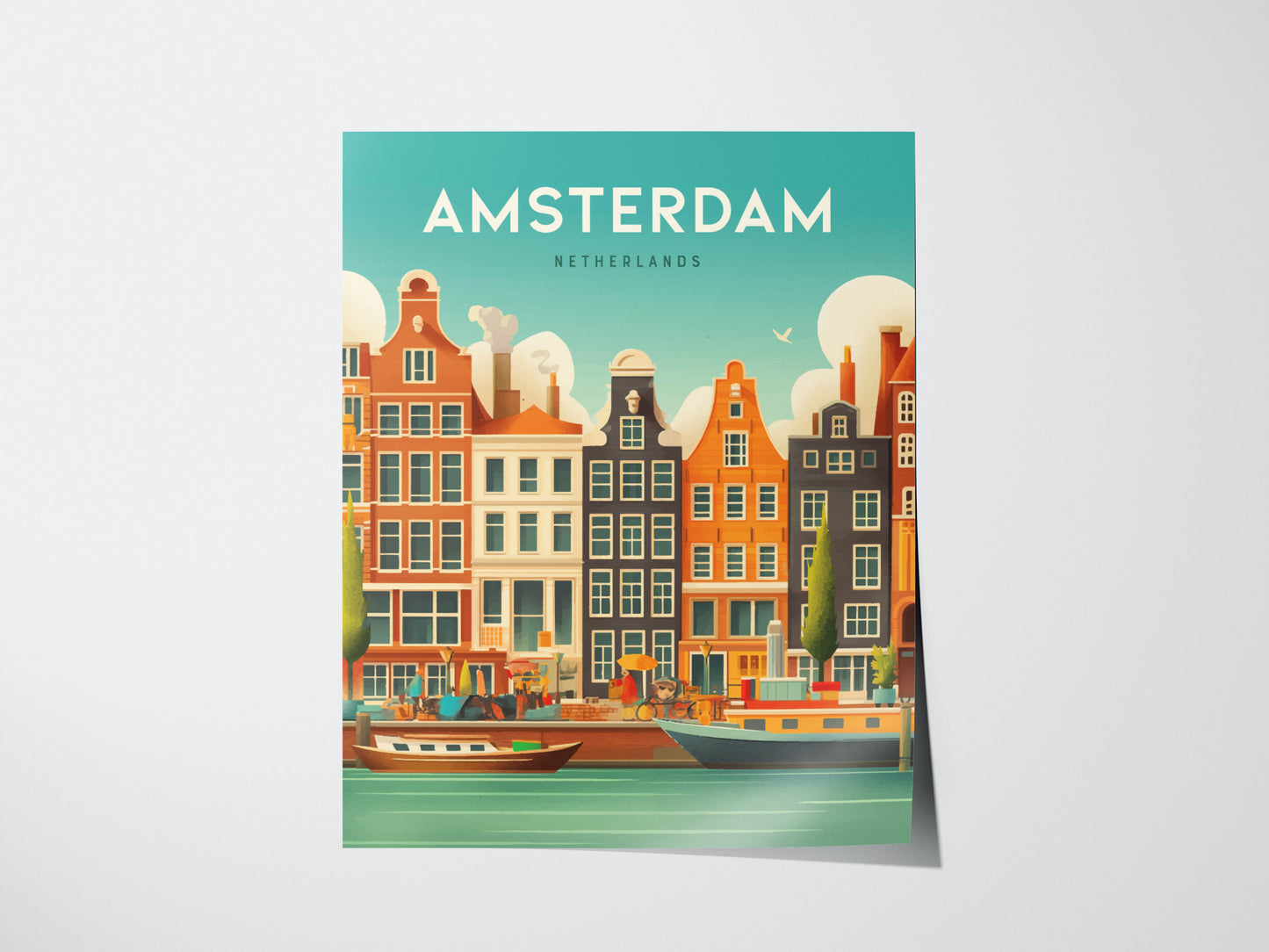 Colorful illustration of Amsterdams canals with historic buildings and boats under a bright sky. The poster features the text AMSTERDAM NETHERLANDS at the top.