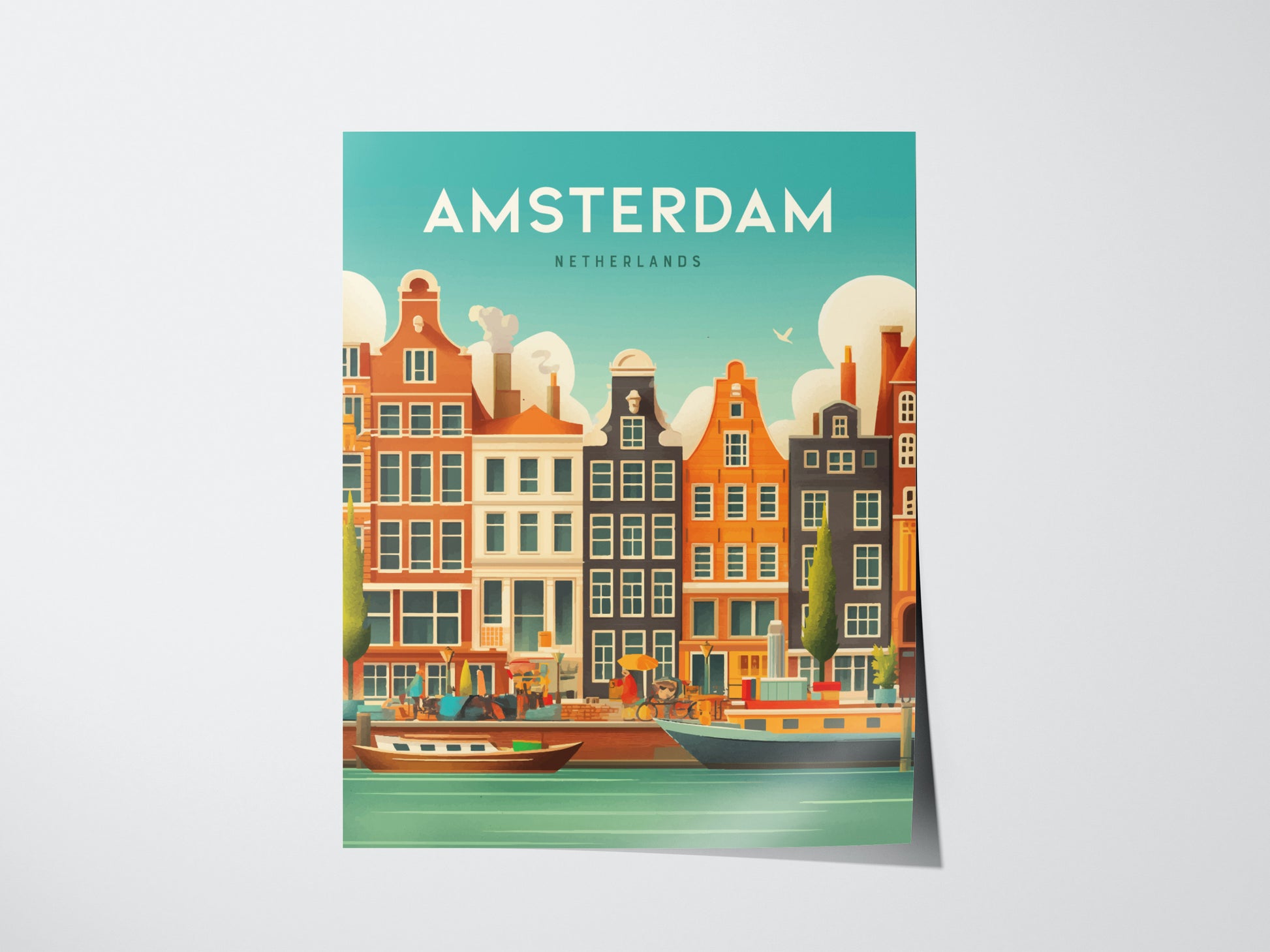 Colorful illustration of Amsterdams canals with historic buildings and boats under a bright sky. The poster features the text AMSTERDAM NETHERLANDS at the top.
