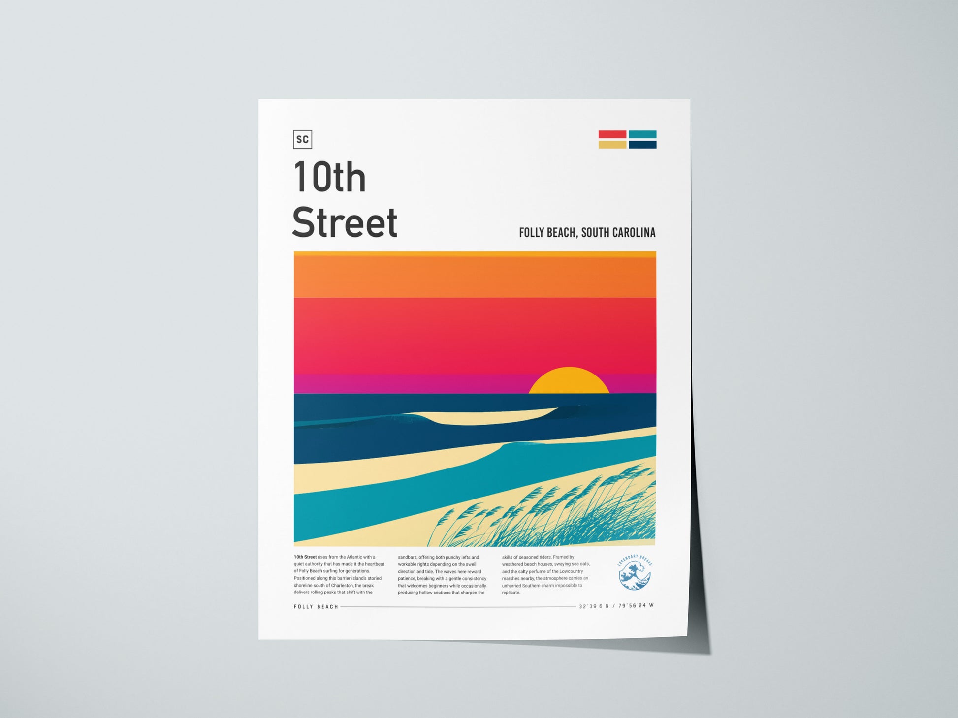 10th Street, Folly Beach, South Carolina Poster | Surf Wall Art & Beach House Decor — giclée print detail on matte paper