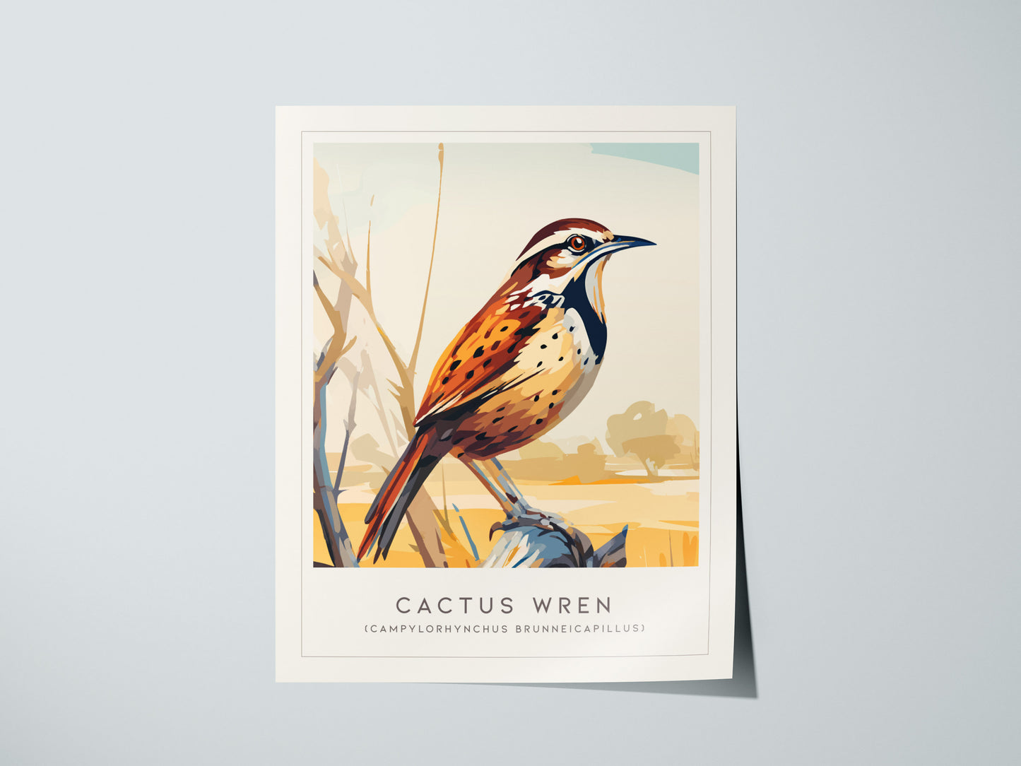 Cactus Wren Poster | Desert Songbird & Blooming Cactus Wall Art — giclée print detail on matte paper