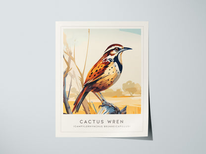 Cactus Wren Poster | Desert Songbird & Blooming Cactus Wall Art — giclée print detail on matte paper